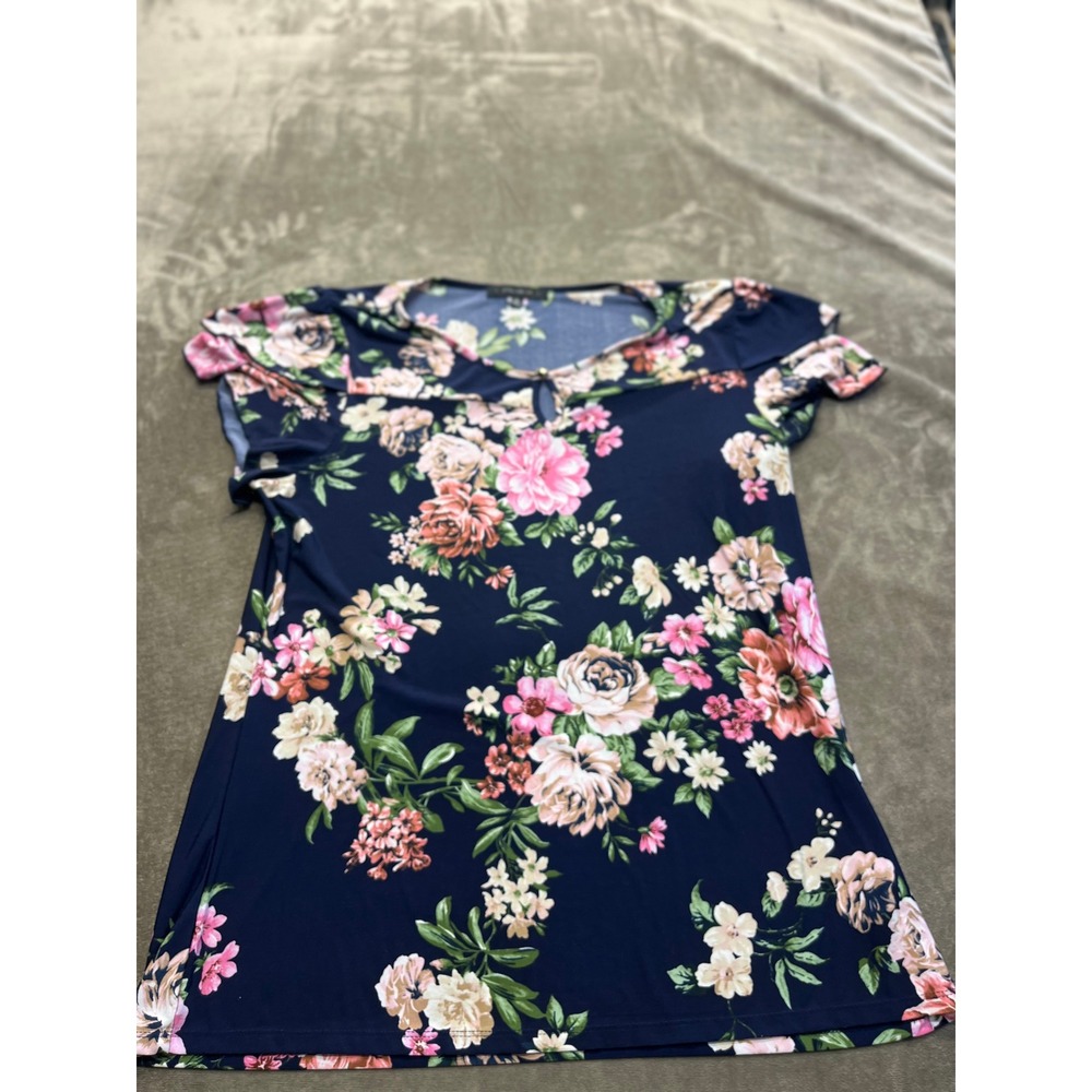 Atelier 29 Navy Blue Pink Floral Keyhole Neck Flutter Sleeve Blouse XL